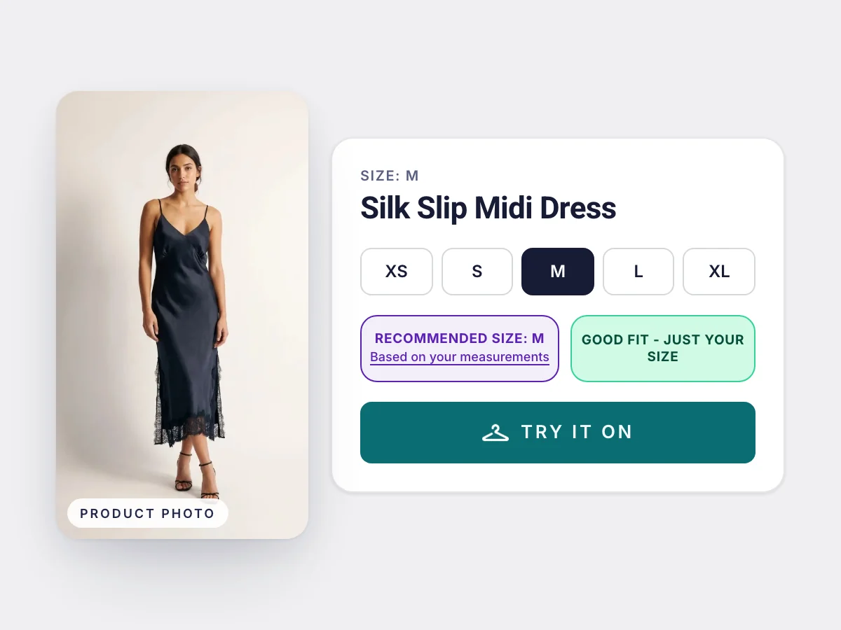 Product photo beside a size picker, a recommended size M pill, a good-fit label and the Try it on button