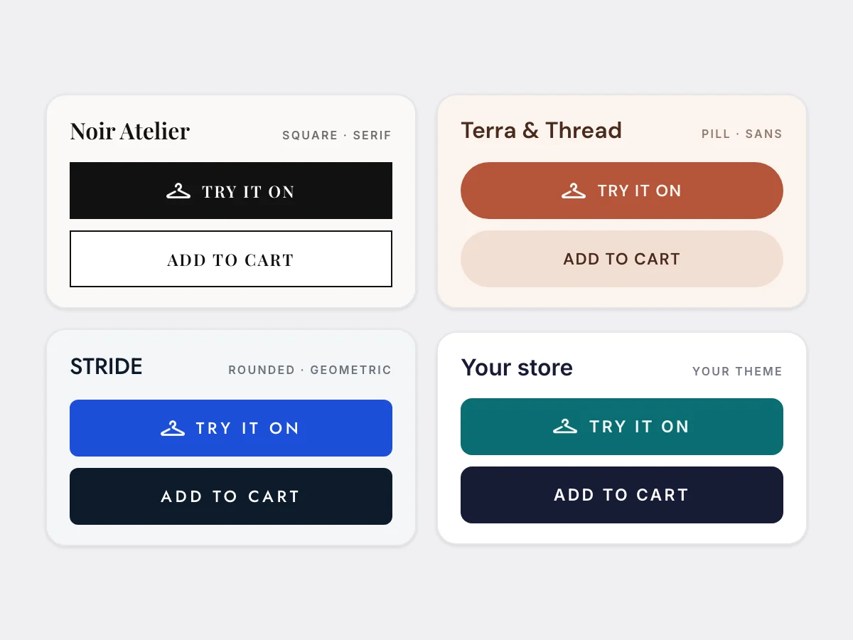 The Try it on button styled to match the Add to cart button of four different store themes