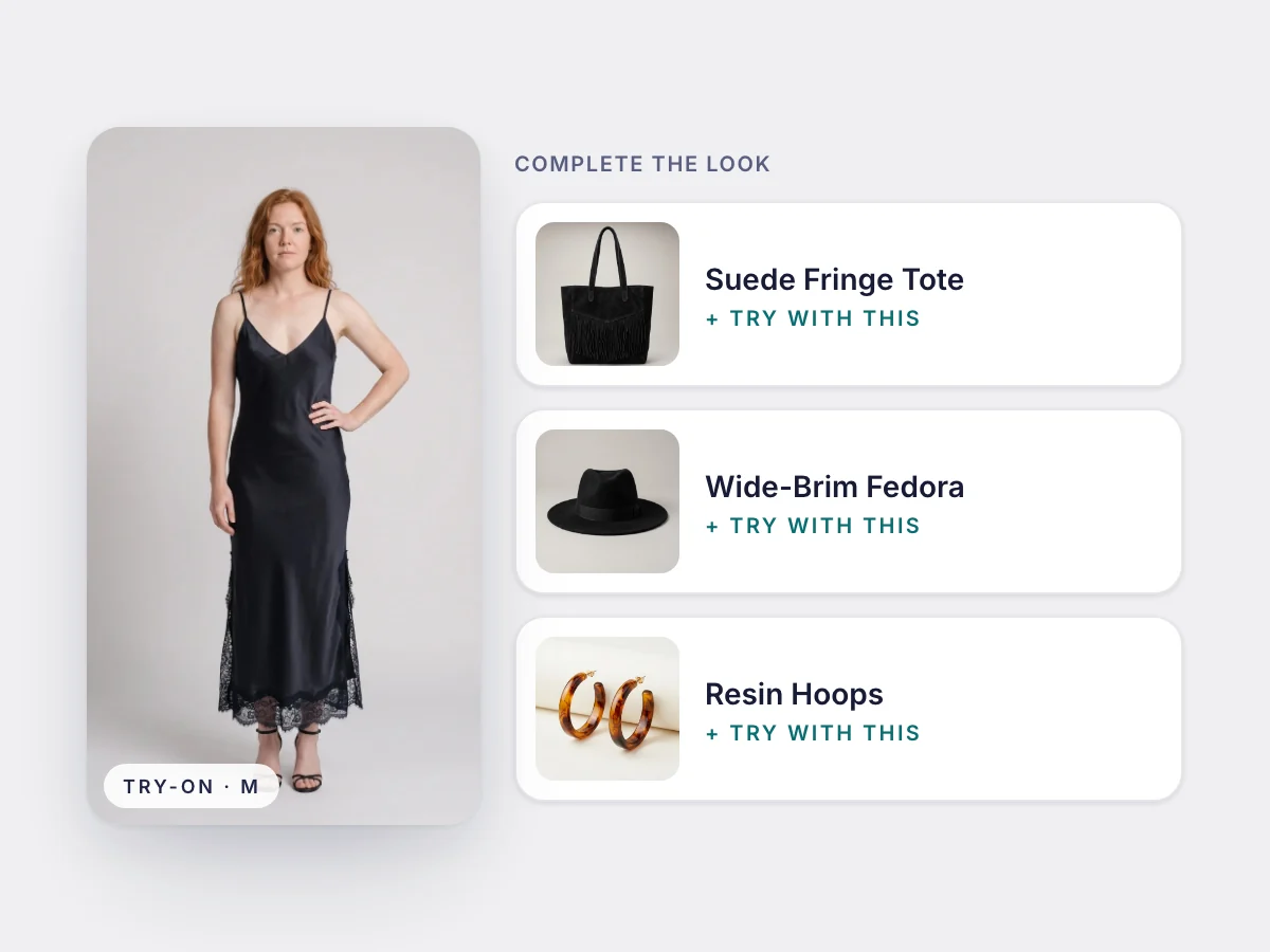 A dress try-on beside Complete the look suggestions: a tote bag, a fedora and hoop earrings