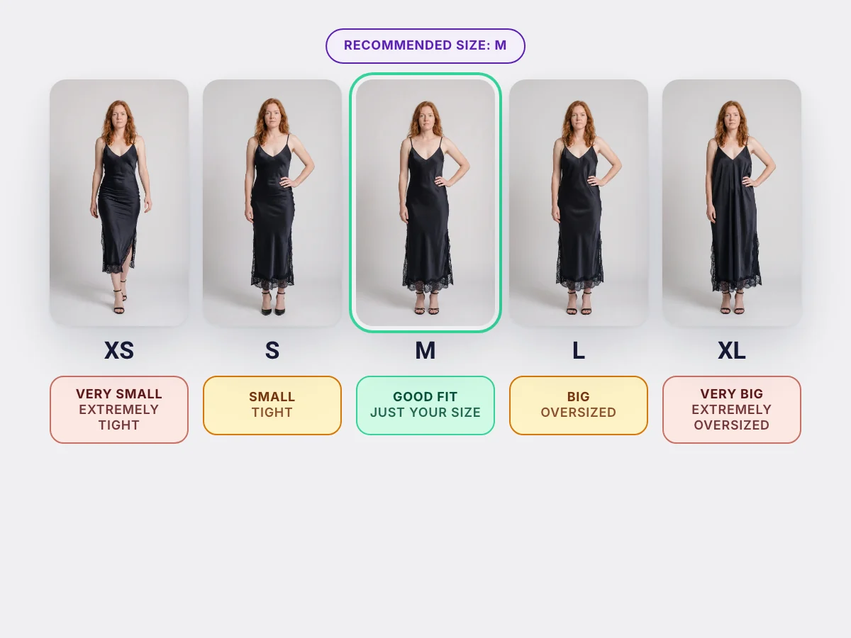 The same dress rendered on one shopper in sizes XS to XL, each with its fit label