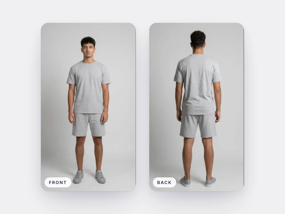 Front and back virtual try-on views of the same outfit on a shopper model