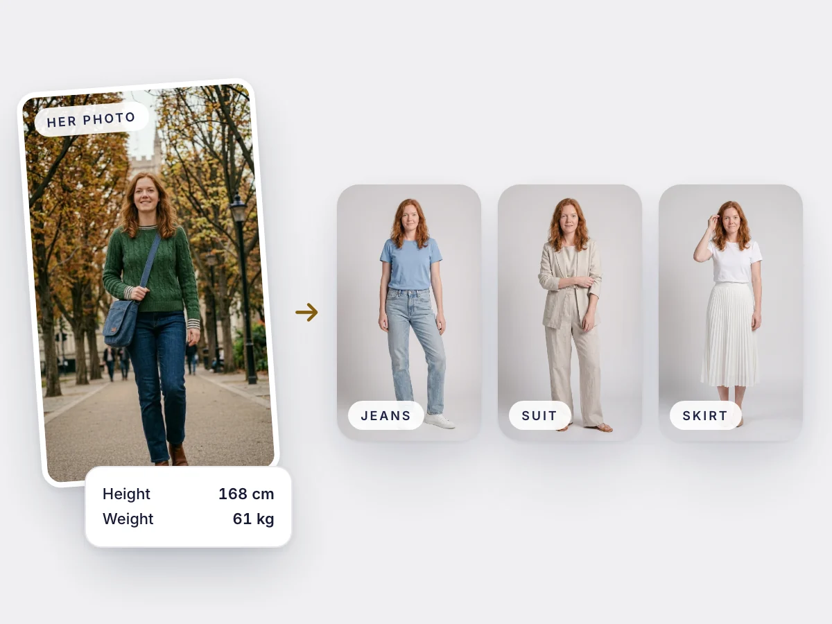 One shopper photo with height and weight turned into try-ons of jeans, a suit and a skirt