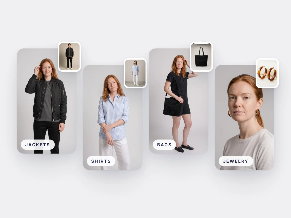 Virtual try-ons of a jacket, shirt, bag and earrings on the same shopper
