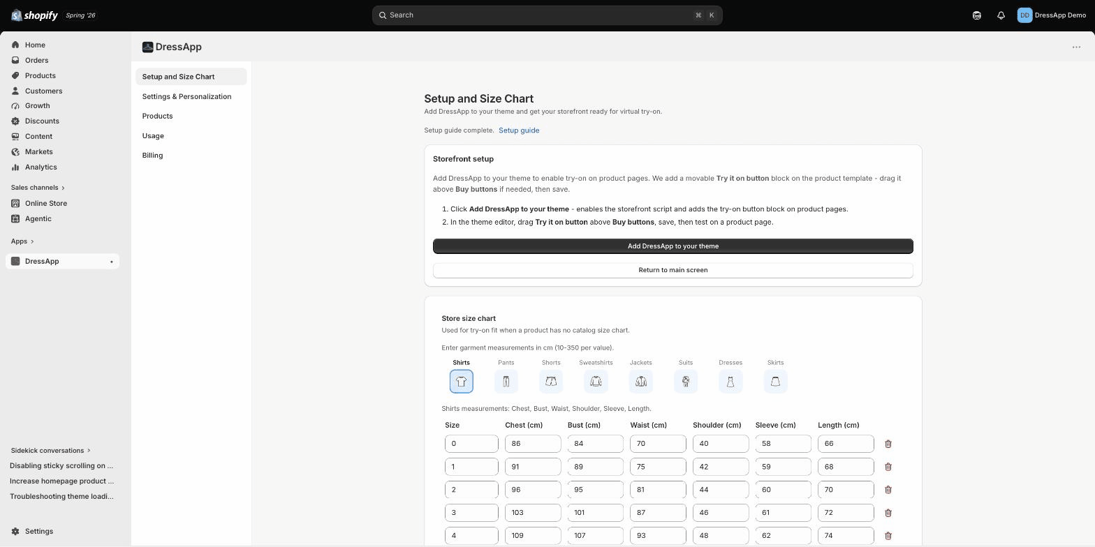 Add DressApp to your theme from the Setup and Size Chart page