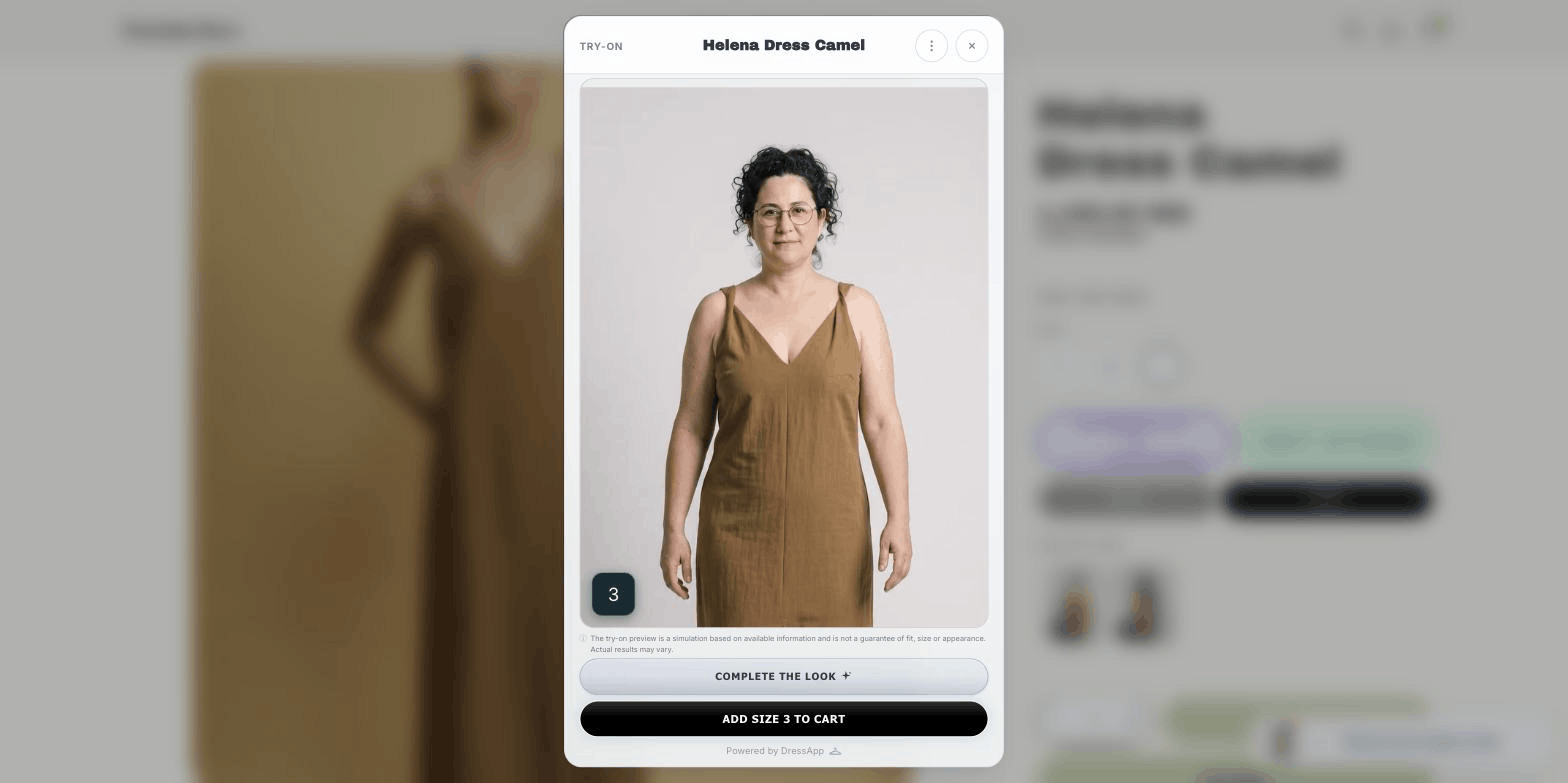 A finished virtual try-on with size recommendation on a live product page
