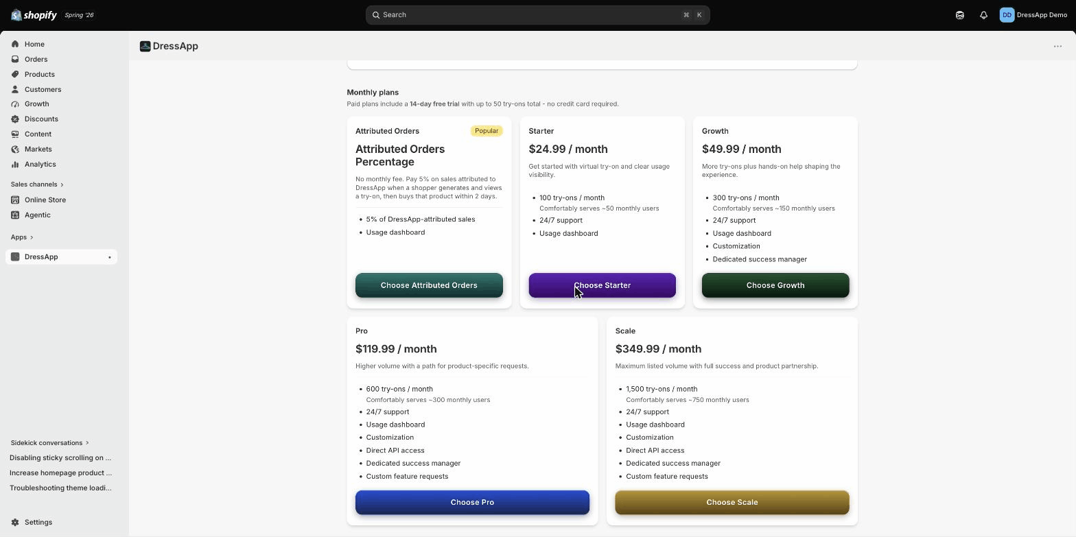 Choose a DressApp plan in Shopify