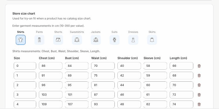 Enter your store size chart for accurate size recommendations