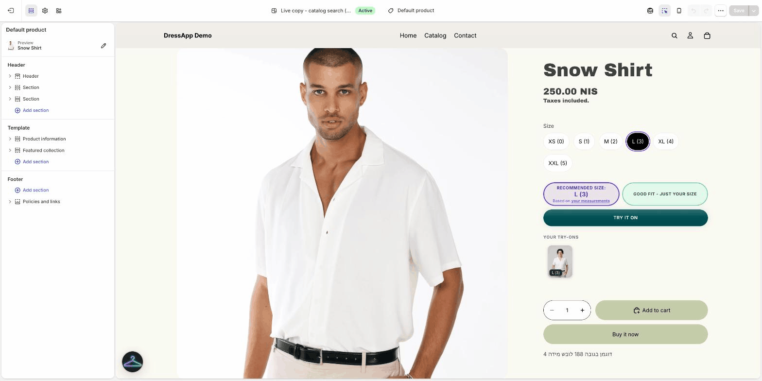 The Try it on button on the product template in the theme editor
